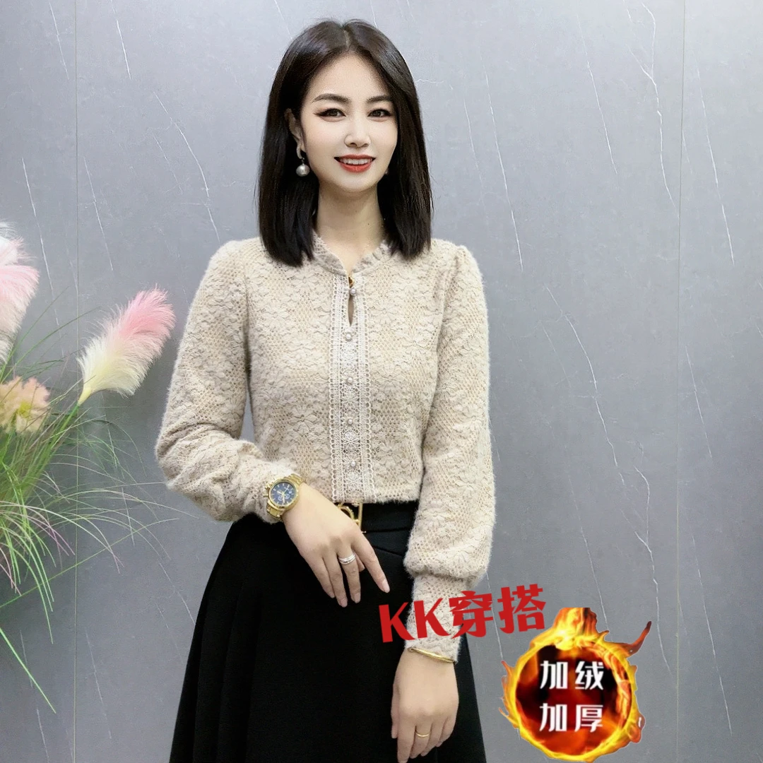 【KK】BBL23132秋冬新款加绒加厚花边领长袖时尚减龄百搭上衣