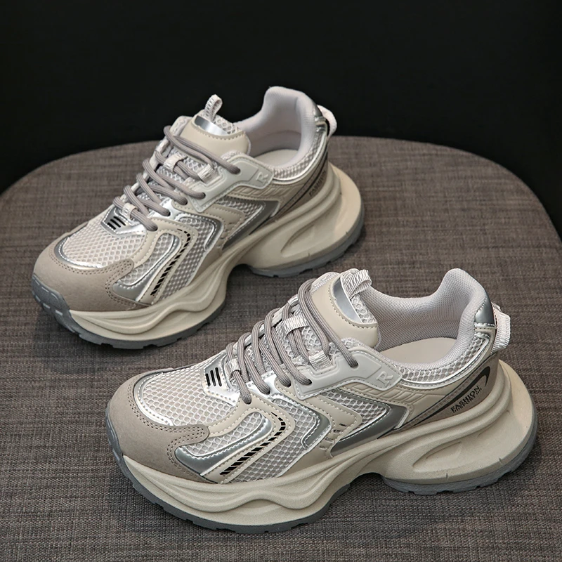 【栗栗】厚底灰色老爹鞋女2024新款春秋网面软底增高休闲百搭运动鞋