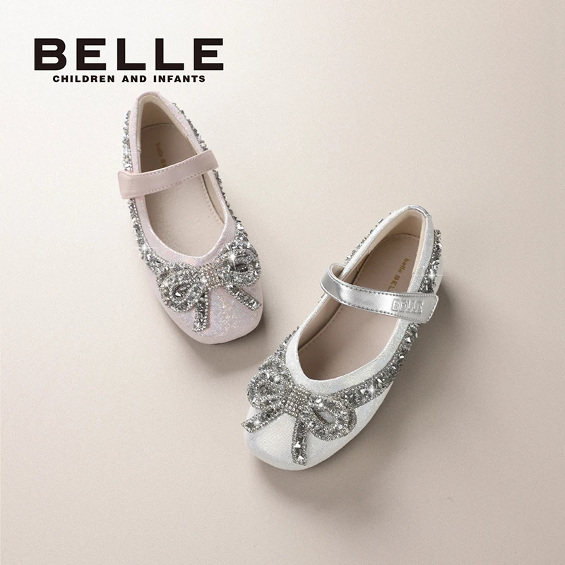 【精致蝴蝶结】百丽童鞋欧若风儿童时尚公主鞋女童洋气水晶鞋DE3063