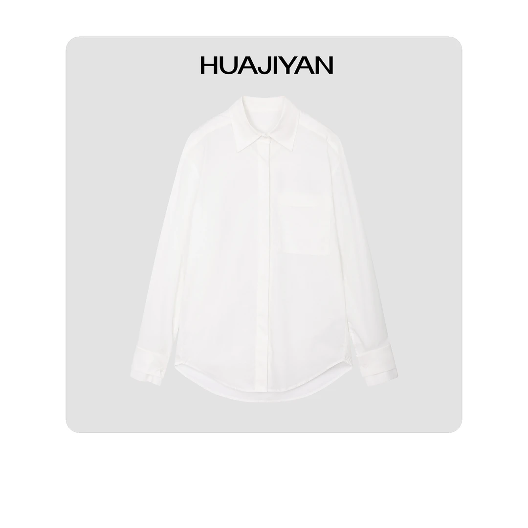 HUAJIYAN【白衬衫】宽松阔版双层领长绒棉白衬衫