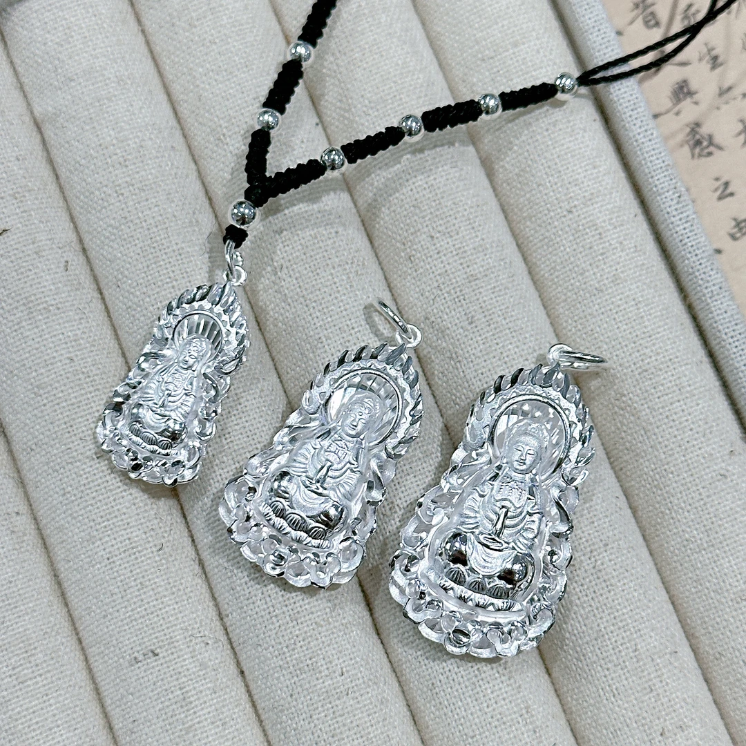 吊坠足银 足银观音男士时尚素款银色手工编织项链火焰观音挂坠