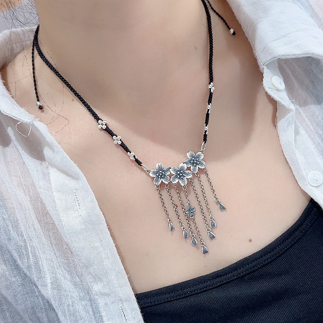 吊坠足银 花开富贵复古做旧纯银项链新款编绳小众气质送妈妈女友