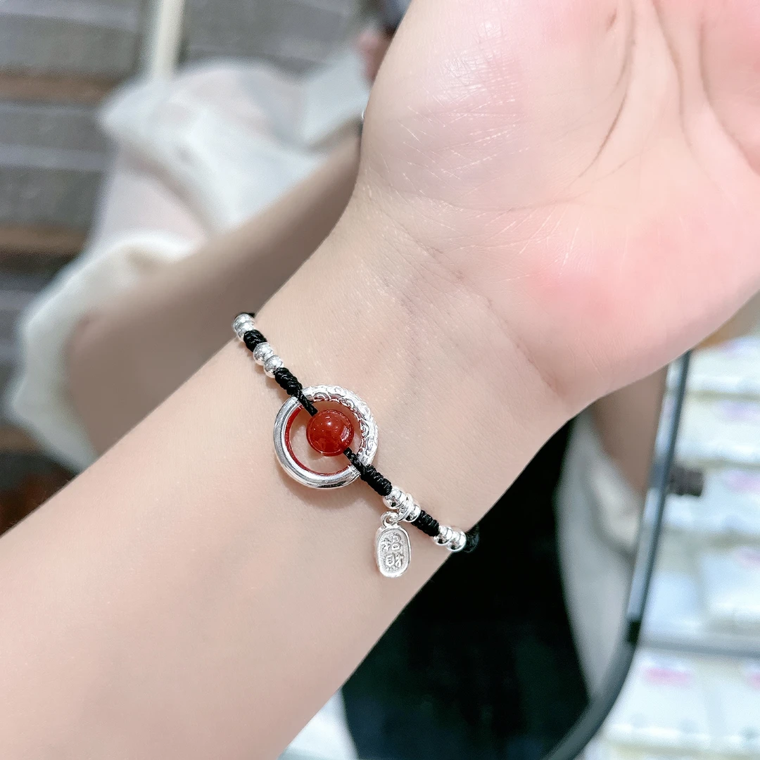 足银手链 足银实心小平安扣纯银小提溜手链情侣闺蜜亲子编织简约