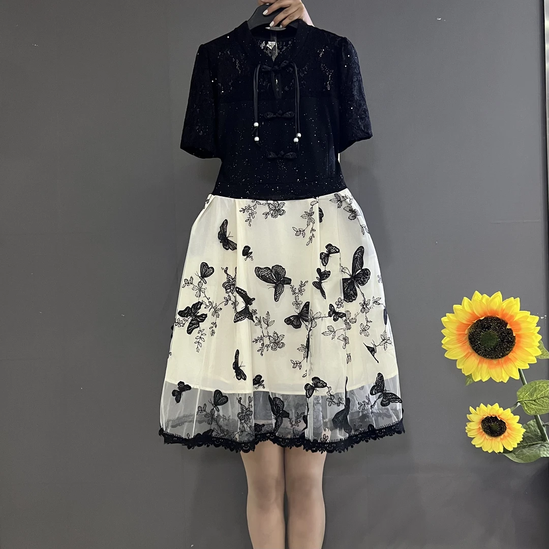 夏季新款时尚复古国风盘扣拼接立体蝴蝶遮肚显瘦大码连衣裙605