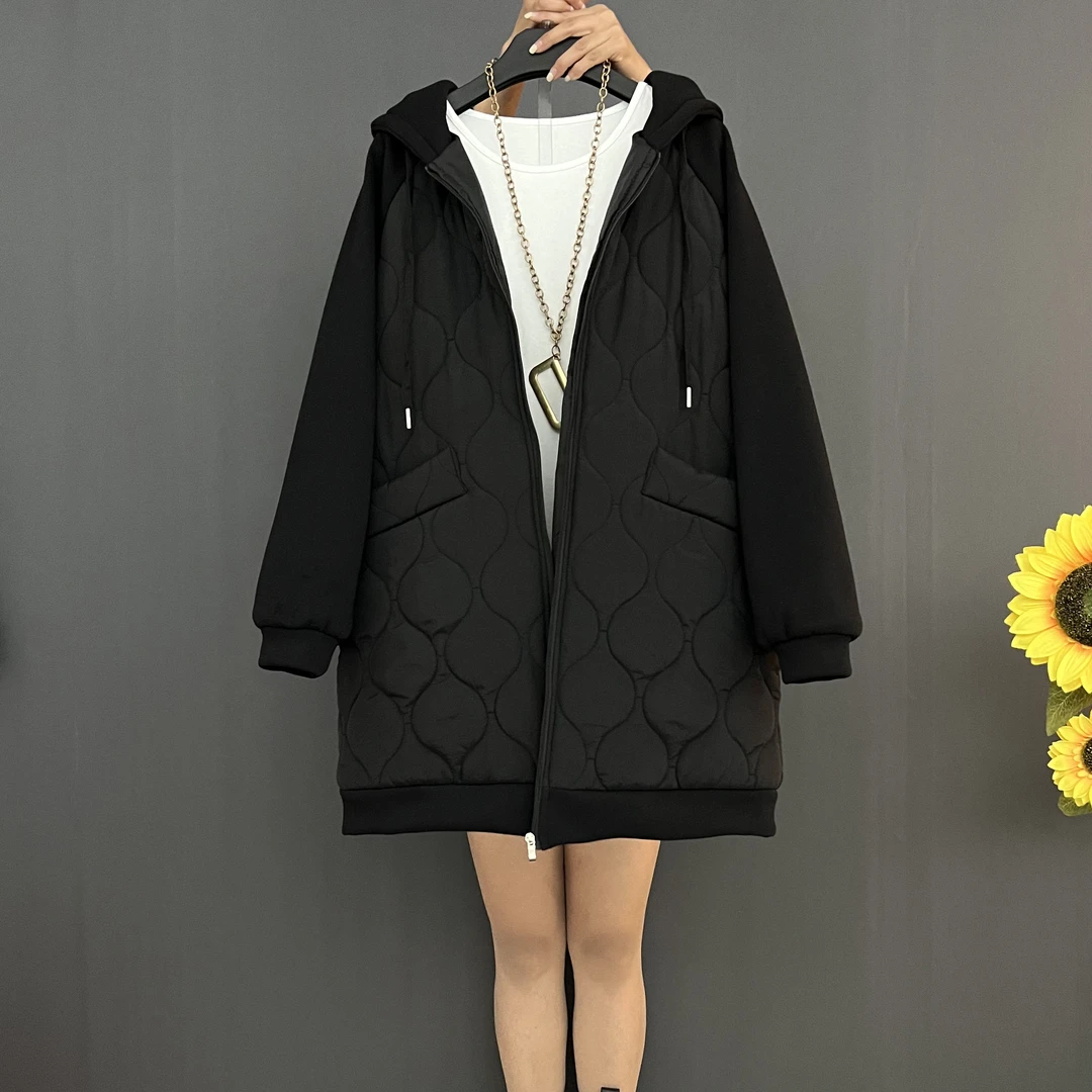 秋冬新款时尚宽松连帽棉服拼接遮肉显瘦大码中长款棉服大衣