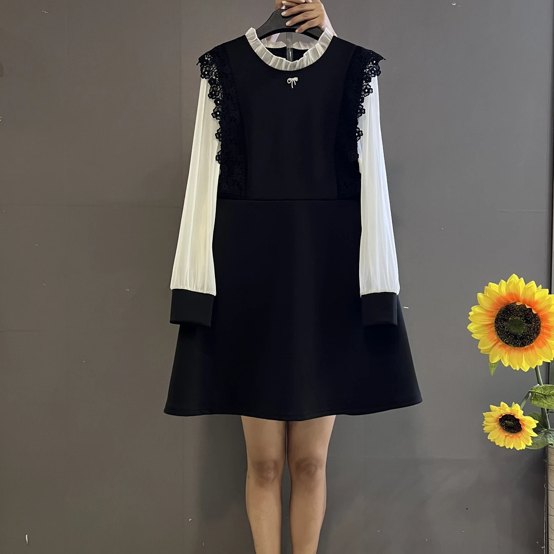 秋季新款时尚撞色拼接雪纺袖洋气显瘦a字板连衣裙