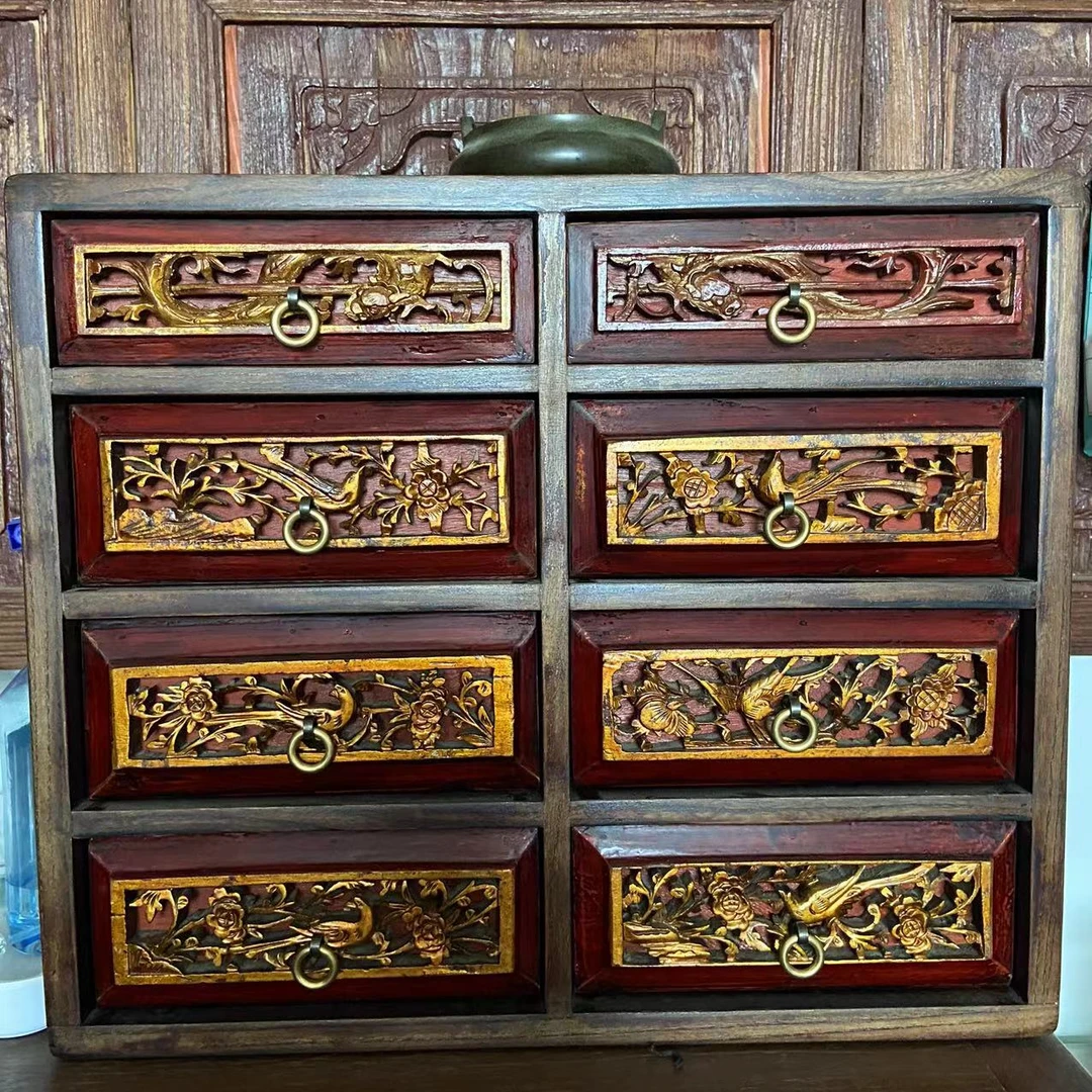 普洱茶储存，首饰储存小柜木质雕花复古做旧客厅