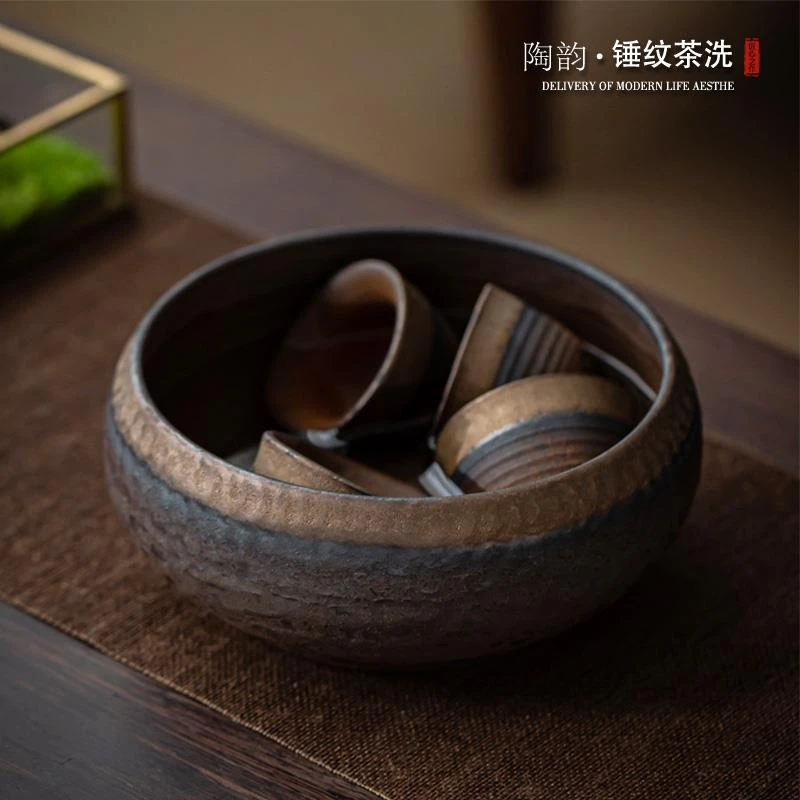 物姿粗陶鎏金茶洗茶渣桶陶瓷家用陶瓷洗茶碗水盂茶海复古茶具配件