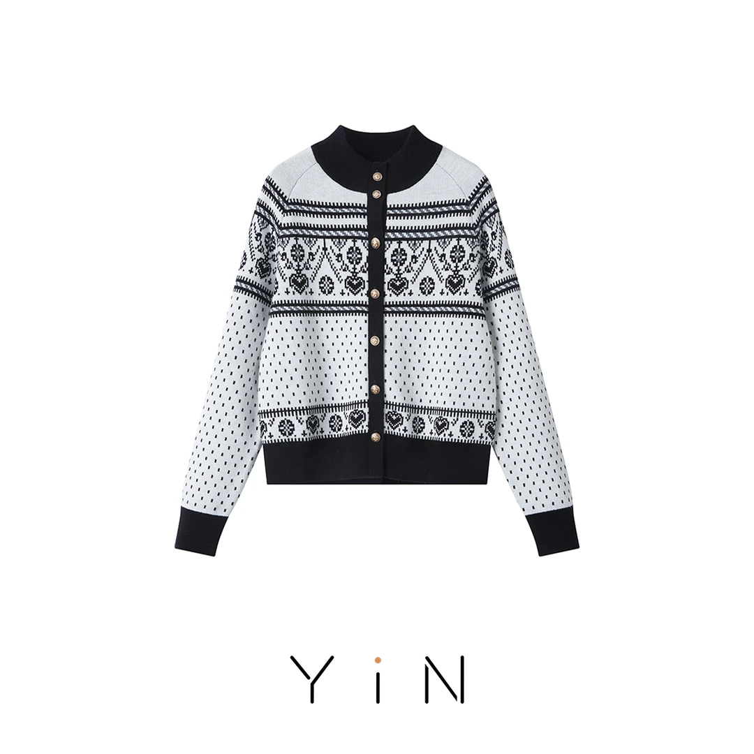 YiN 羊毛桑蚕丝费尔岛秋冬时尚百搭提花开衫9010