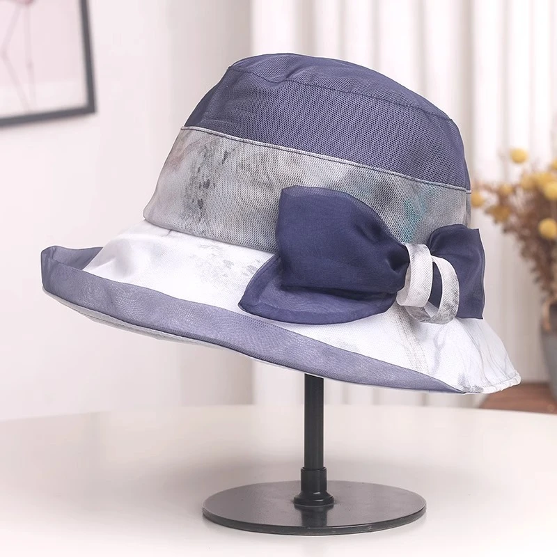 米黛洛桑蚕丝遮阳帽女2024新款印花时尚真丝帽轻薄透气女士渔夫帽