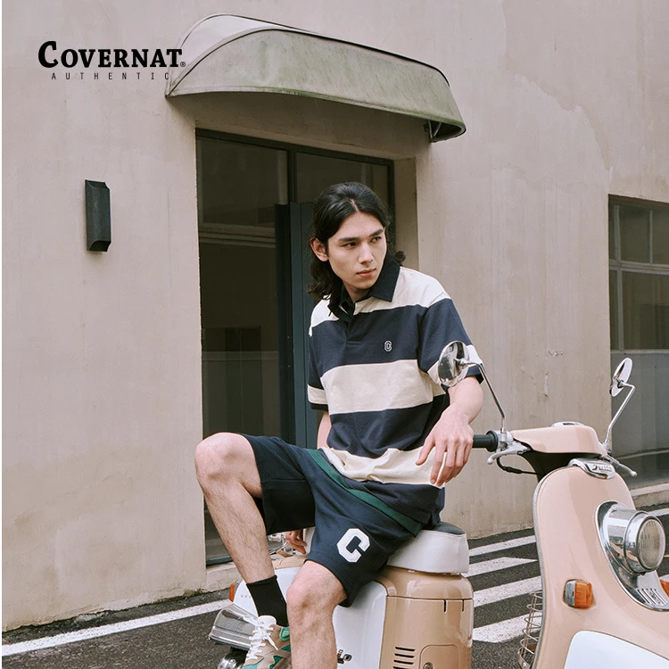 COVERNAT夏秋季男女同款休闲宽松翻领条纹百搭短袖polo衫2302ST24