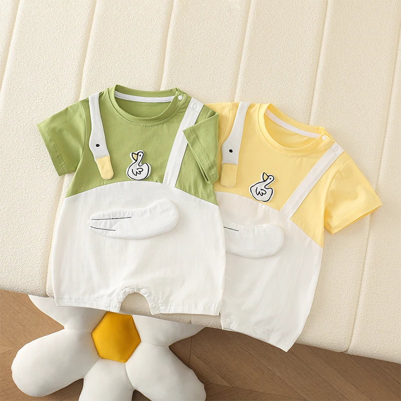 夏款婴幼儿宝宝超萌可爱时尚夏季薄款小鸭肩开拼接短袖连体哈衣