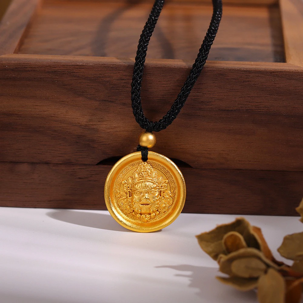 铜合金吊坠 古法黄财才吊坠金色手工双面实心雕刻传承项坠精美