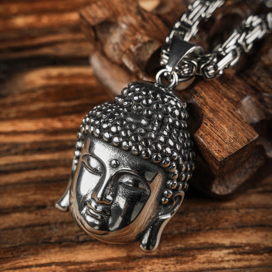 钛钢项链 复古民族风做旧双面佛头吊坠古法个性小众金色项链男女