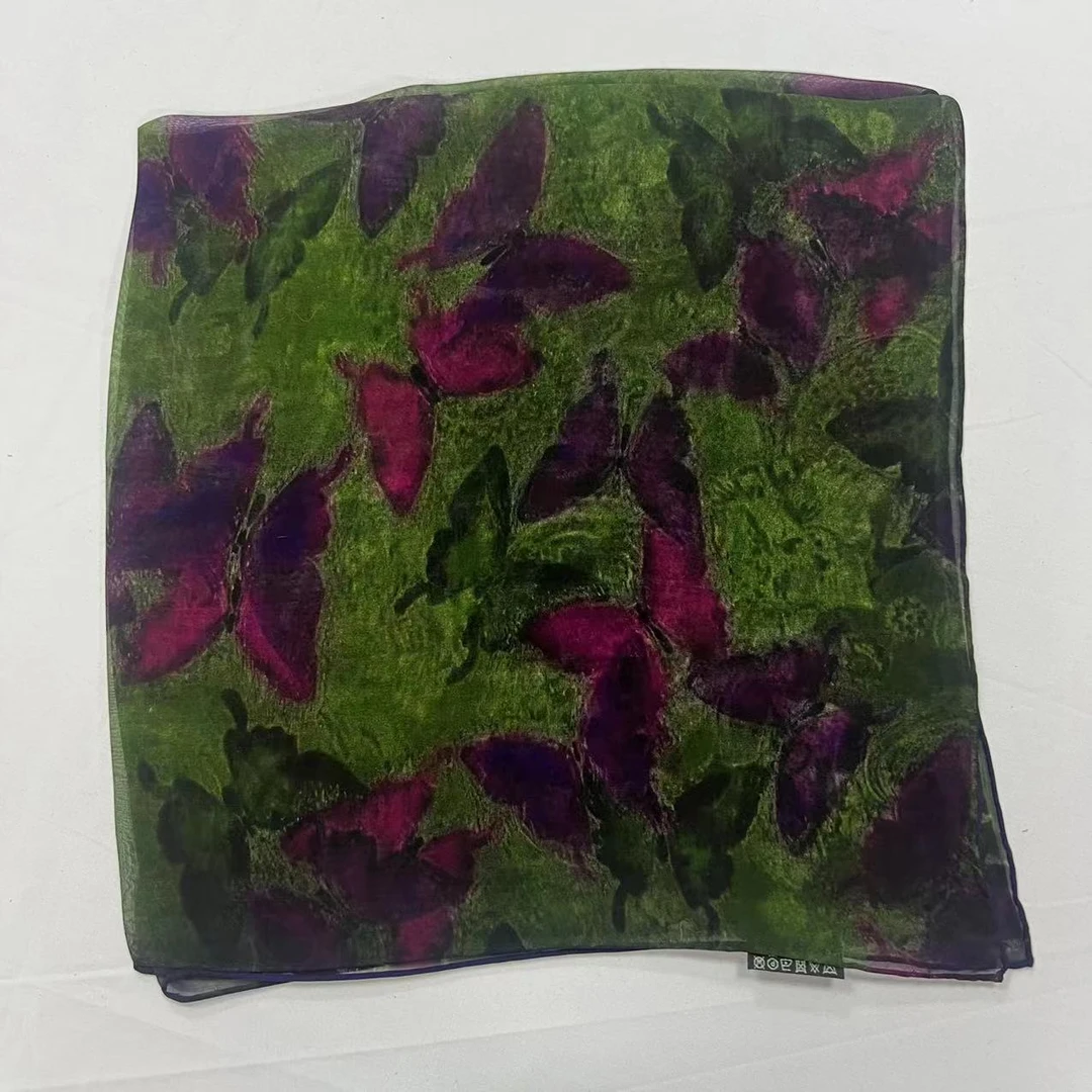 70薯莨纱巾方巾-紫蝶群飞 65cm丝巾