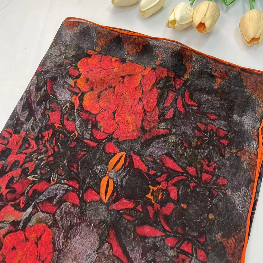 140薯莨方巾-翠叶点枝 135cm丝巾