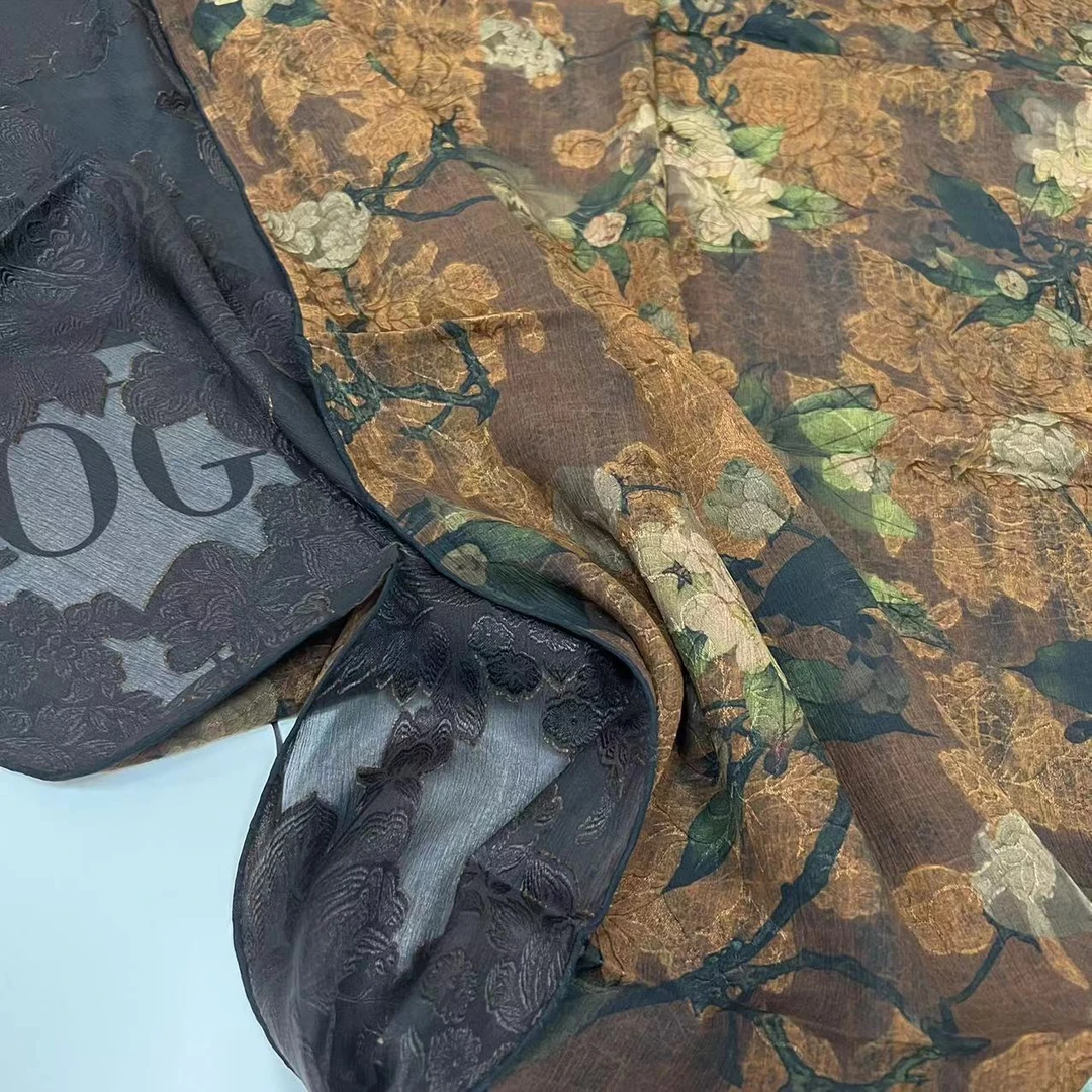 香云纱长巾-古园梨花  8Y前喷古法剪花65*190cm丝巾  016