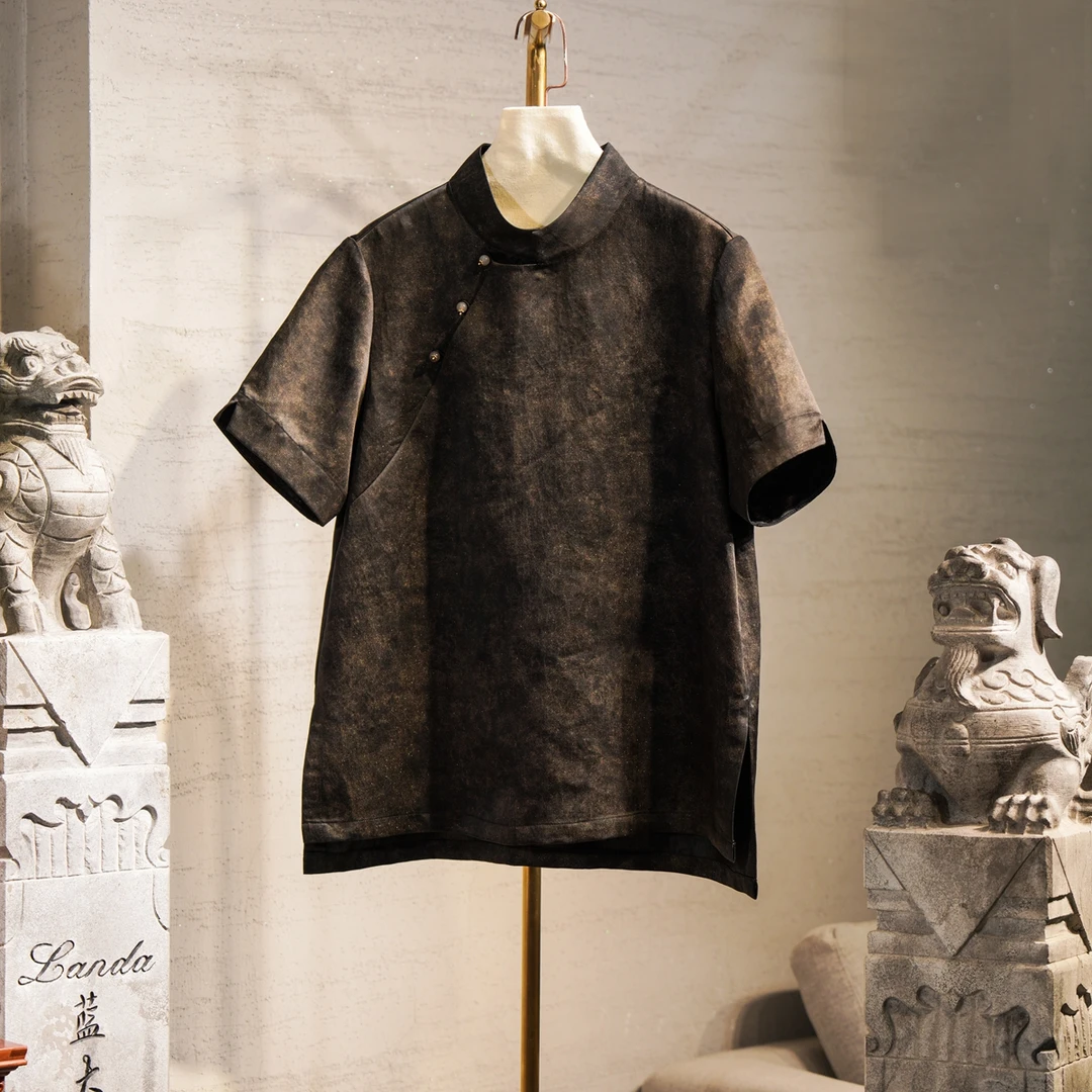 蓝大【幽然】桑蚕丝中国风短袖上衣时尚高领提花夏季长款宽松6098