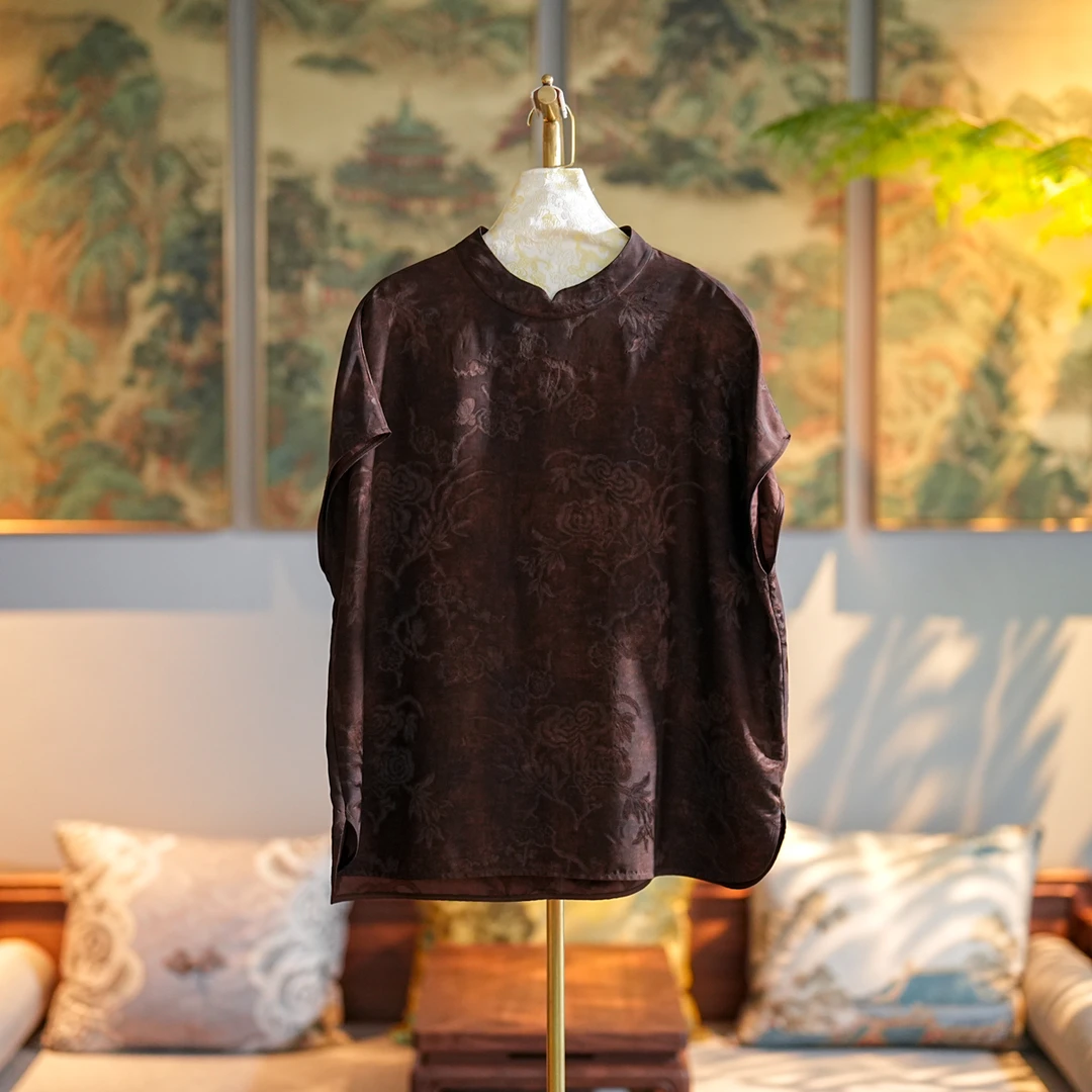 蓝大【暮雪】6767醋酸无袖上衣长袖网红新中式复古重磅双面圆领提花