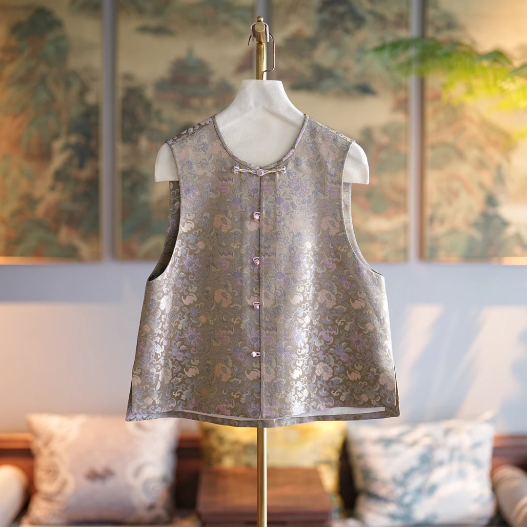 蓝大【梅酒】6625桑蚕丝气质中式时尚马甲网红双面马夹立领拼接提花