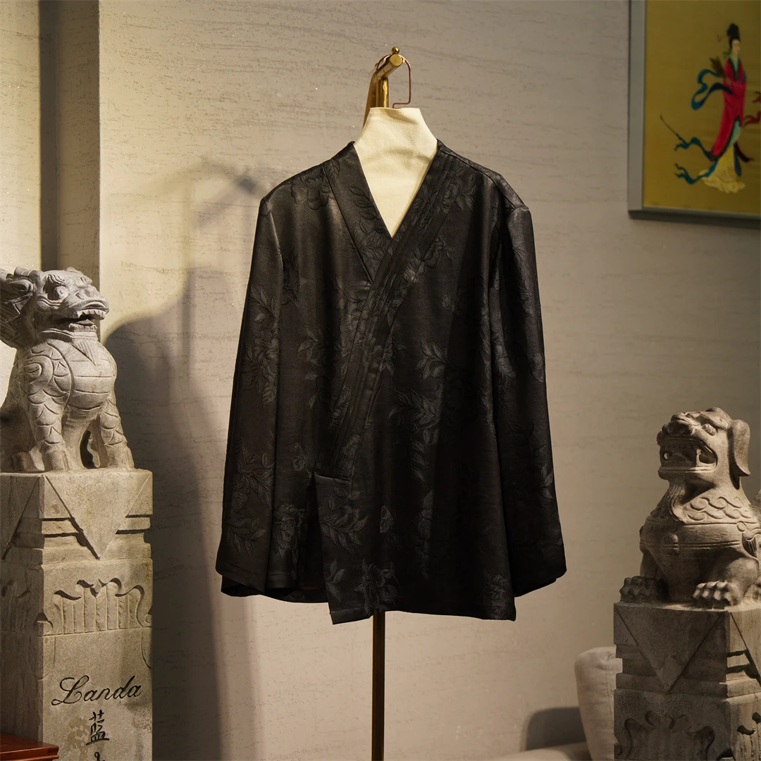 蓝大【安生】桑蚕丝中国风重磅上衣时尚长袖双面立领斜襟黑色9924