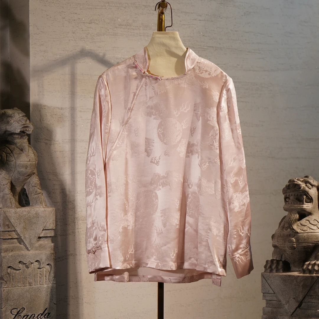 蓝大【雅艺】6010桑蚕丝中国风长袖上衣时尚打底双面紫色女士新中式