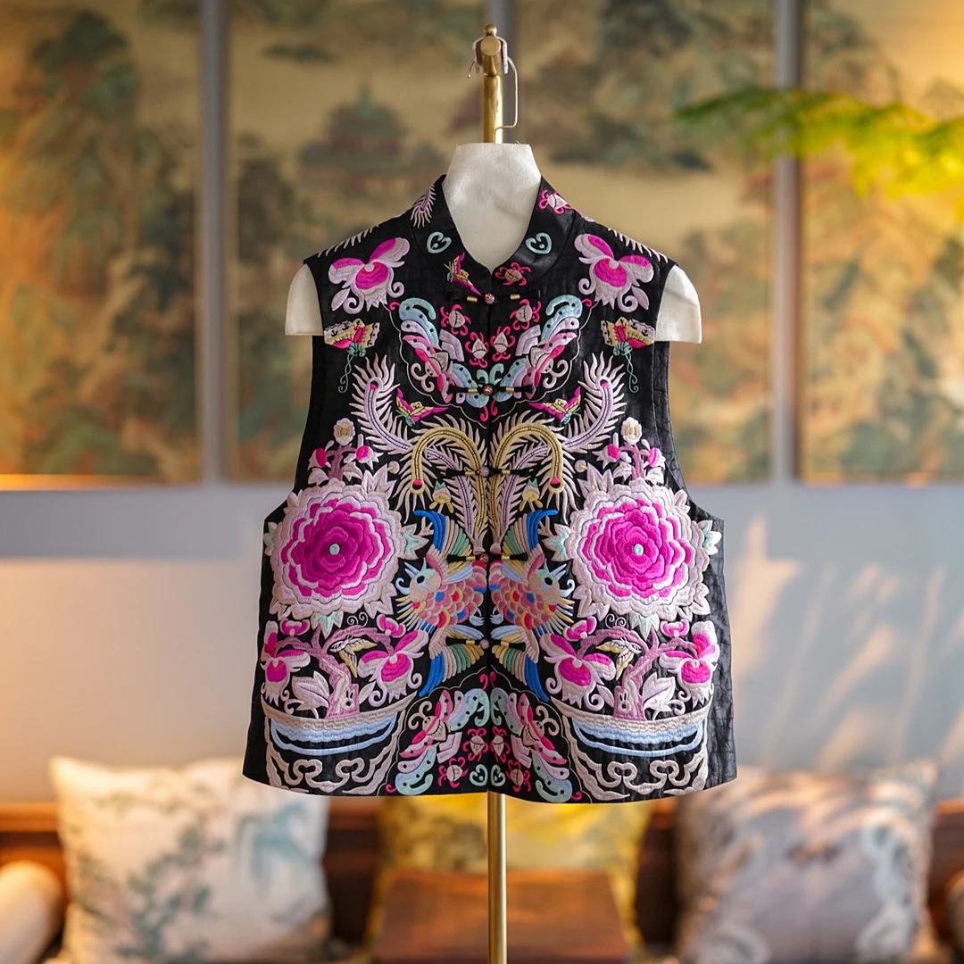 蓝大【秋恋】6527桑蚕丝时尚中式国潮对襟马甲网红马夹印花立领提花