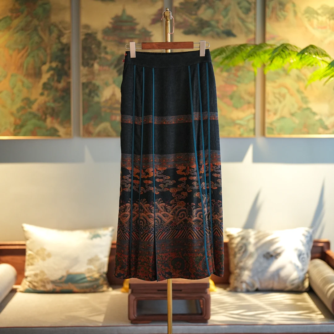 蓝大【渡舟】新中式桑蚕丝气质百搭时尚显瘦高腰女士马面裙7006