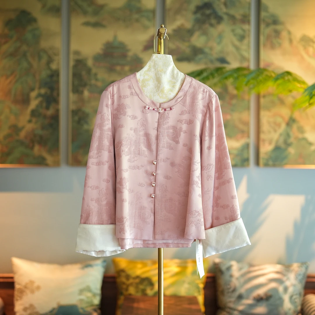 蓝大【初妍】桑蚕丝双层新中式对襟中国风简约气质宽松长袖外套6171