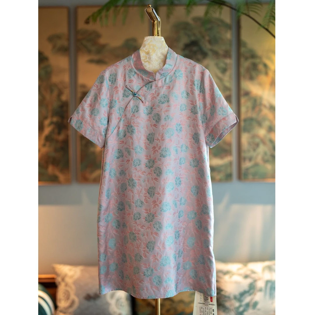 蓝大【双翼】桑蚕丝宋锦花萝连衣裙6420