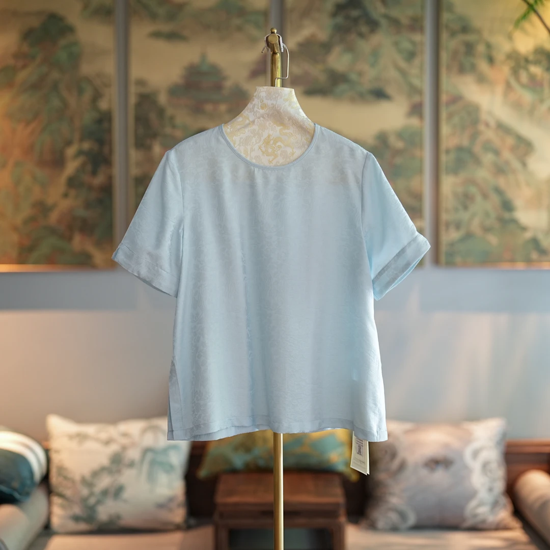 蓝大【於零】6386桑蚕丝新中式短袖上衣夏季复古古风日常文艺中国风