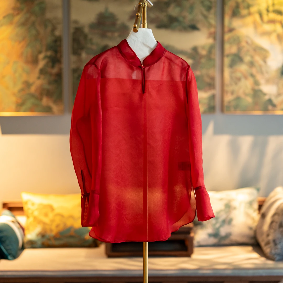 蓝大【熠熠】桑蚕丝长袖欧根绡上衣6358