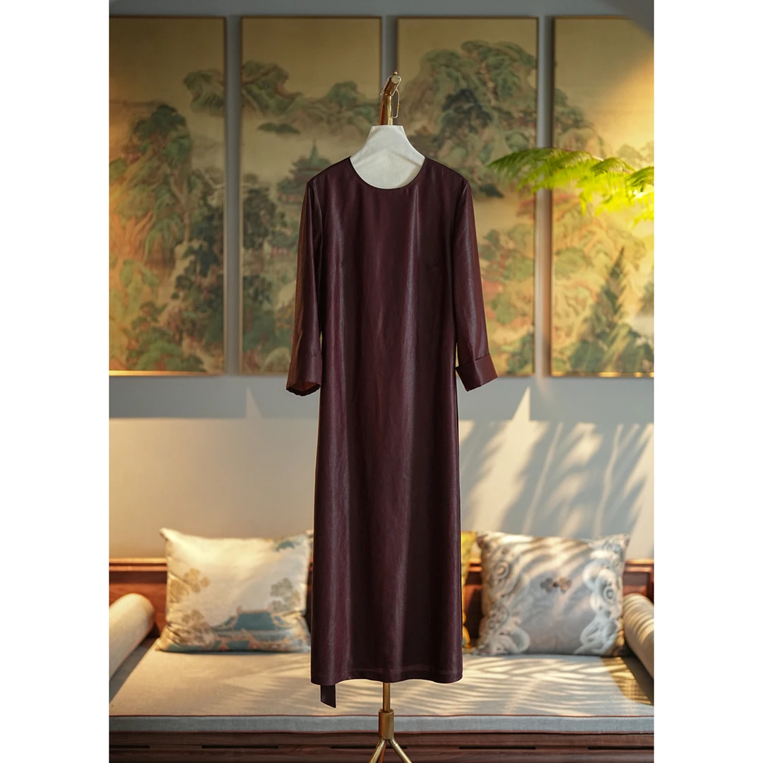 蓝大【际鹤】6806桑蚕丝香云纱中袖连衣裙气质新中式重磅宽松秋冬