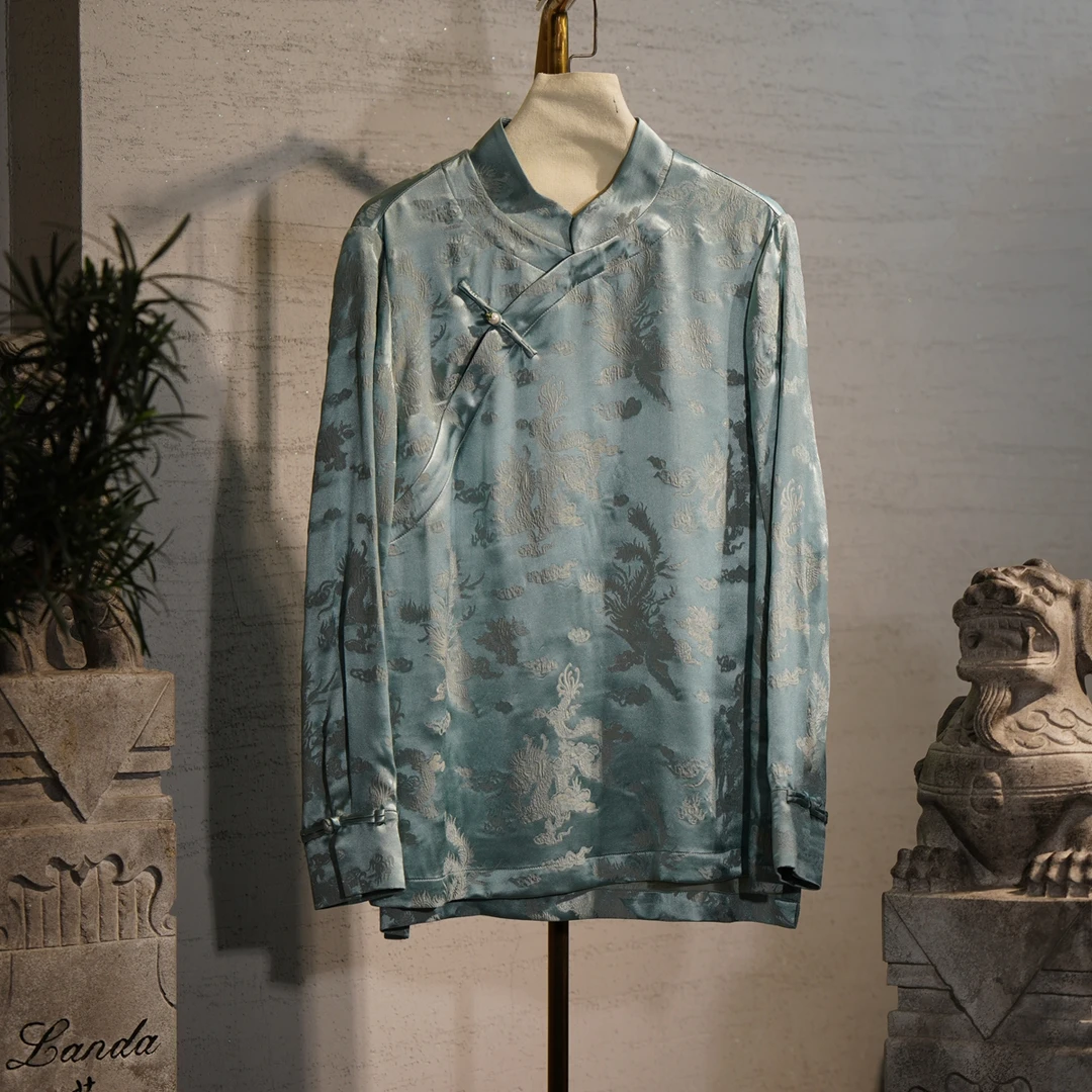 蓝大【雅致瑞】桑蚕丝冠乐绉中国风长袖上衣时尚日常提花绿色6056