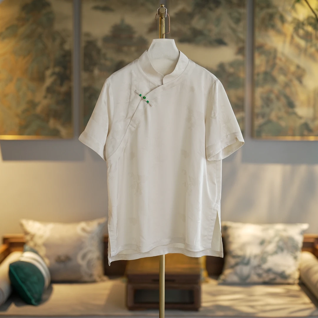 蓝大【玉兰】6496醋酸短袖上衣新中式夏季宽松复古春夏日常文艺圆领