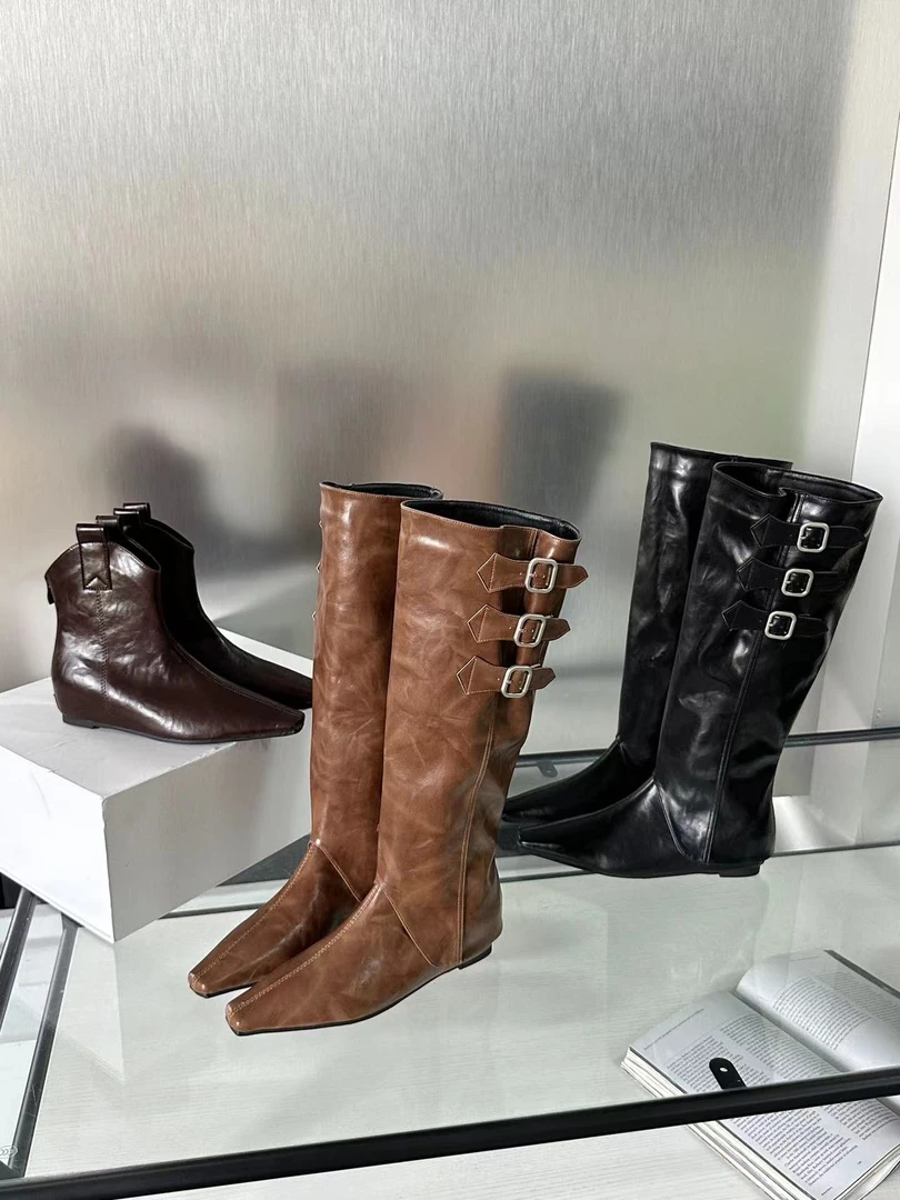 A-16秋冬新款两穿可拆卸靴筒皮带扣尖头内增高中跟短靴高筒长靴女
