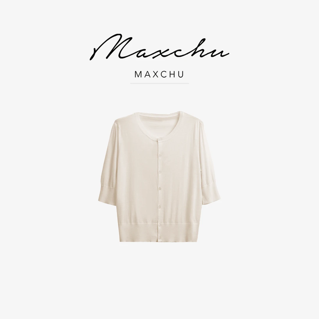 MAXCHU|松弛氛围美上衣五分法式泡泡袖小开衫春夏薄毛衣针织衫