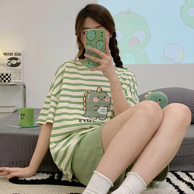 学生简约条纹小恐龙2025年新款睡衣女夏季薄款短袖家居服60010