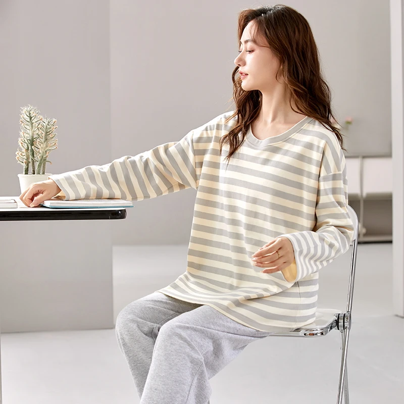 春秋新款加厚睡衣女长袖长裤简约舒适家居服套装可外穿6921H