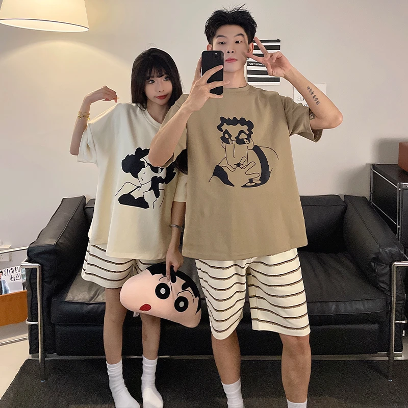 2025年新款夏季薄款情侣短袖短裤卡通休闲大码家居服套装90804