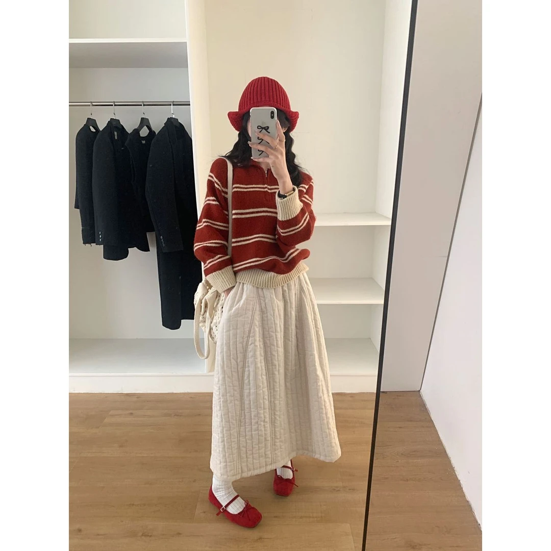 翻领半拉链条纹针织衫毛衣女CN11S-997