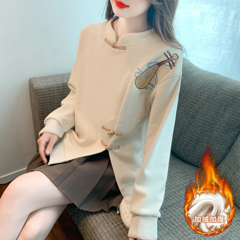 秋冬新款加绒加厚宽松国潮卫衣绒衫新中式盘扣洋气外套百搭上衣女