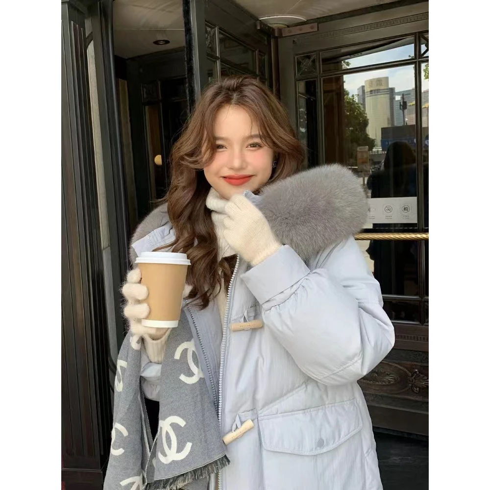 秋冬新款韩版牛角扣大毛领中长款过膝连帽棉服外套女宽松保暖棉衣