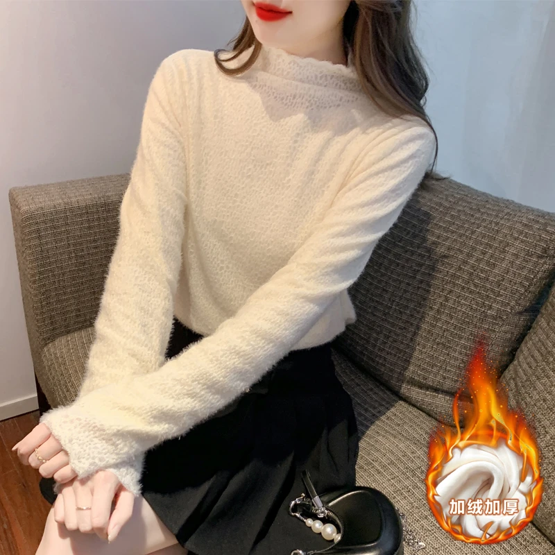 秋冬季新款加绒蕾丝打底衫磨毛半高领百搭T恤甜美内搭长袖上衣女