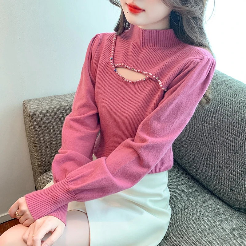 2025春秋新款法式镂空钉珠泡泡袖半高领打底衫修身内搭长袖针织衫