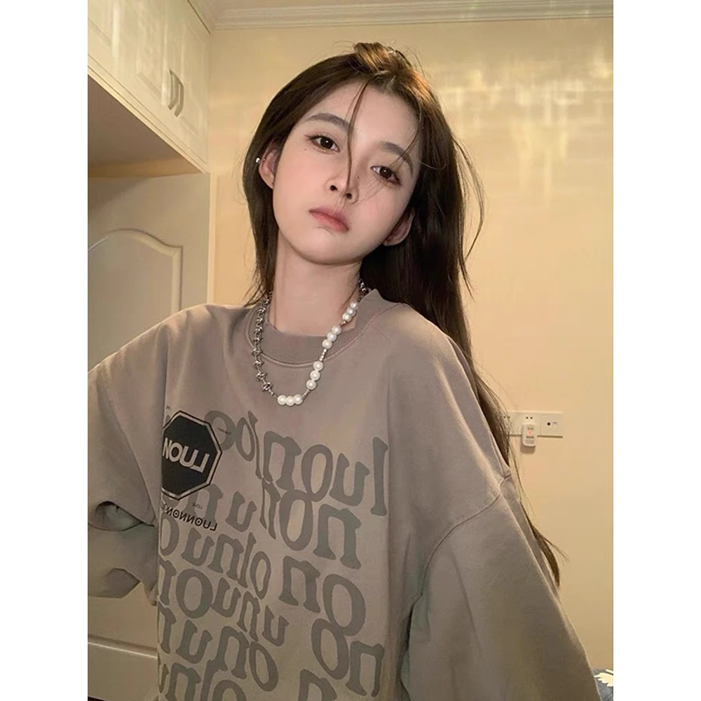 秋冬新款加绒保暖美式字母印花圆领卫衣休闲小个子宽松长袖上衣女