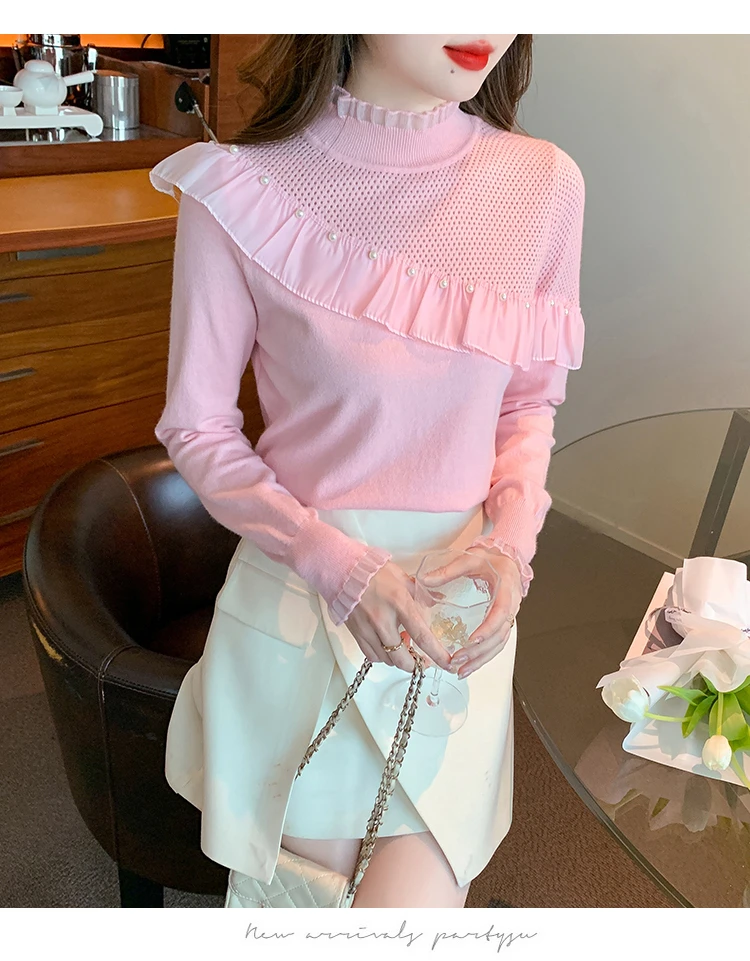 春秋新款时尚钉珠荷叶边半高领针织衫修身内搭毛衣打底衫百搭上衣