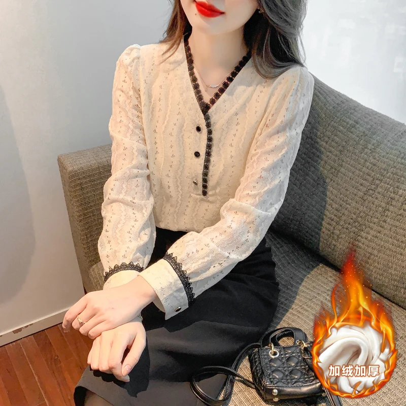 春秋新款加绒加厚法式V领外穿洋气蕾丝衬衣内搭长袖打底衫女上衣