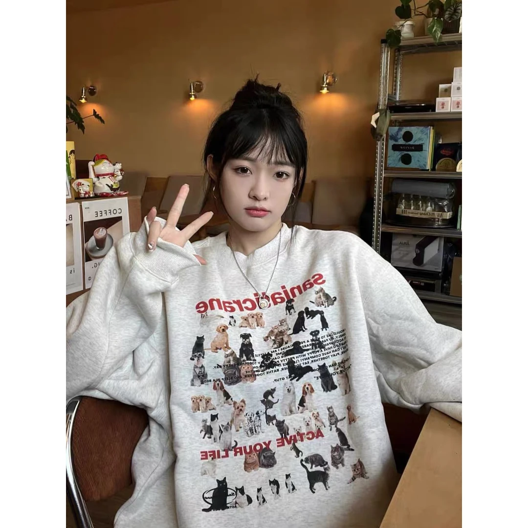 秋冬新款美式宽松ins慵懒风卫衣圆领小狗印花宽松大码长袖外套女