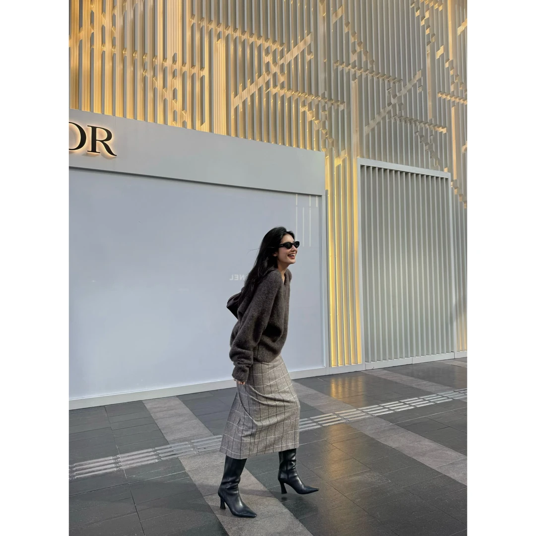 RRB Design「复古优雅」羊毛混纺气质复古经典格纹时髦显瘦半身裙